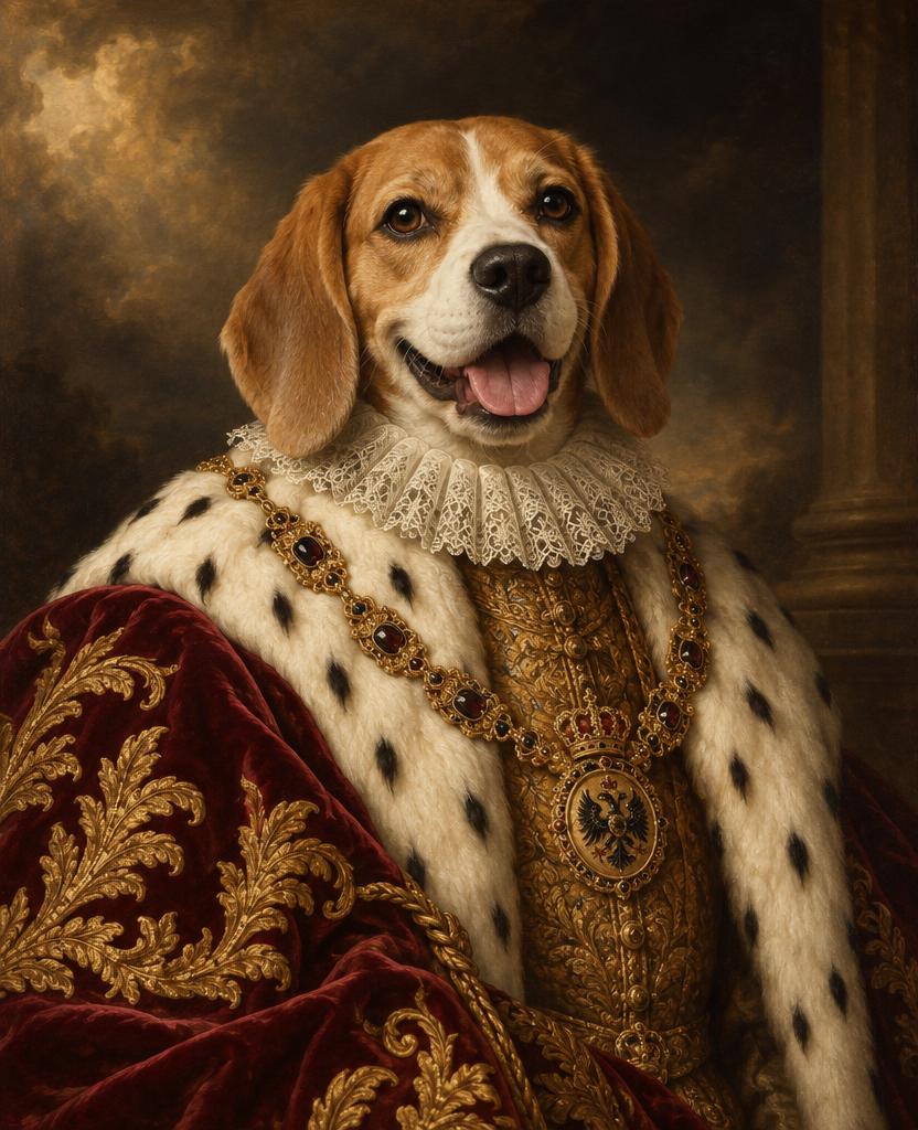 Golden Retriever als Habsburg-Kaiser – kaiserliches Ölporträt im Goldrahmen