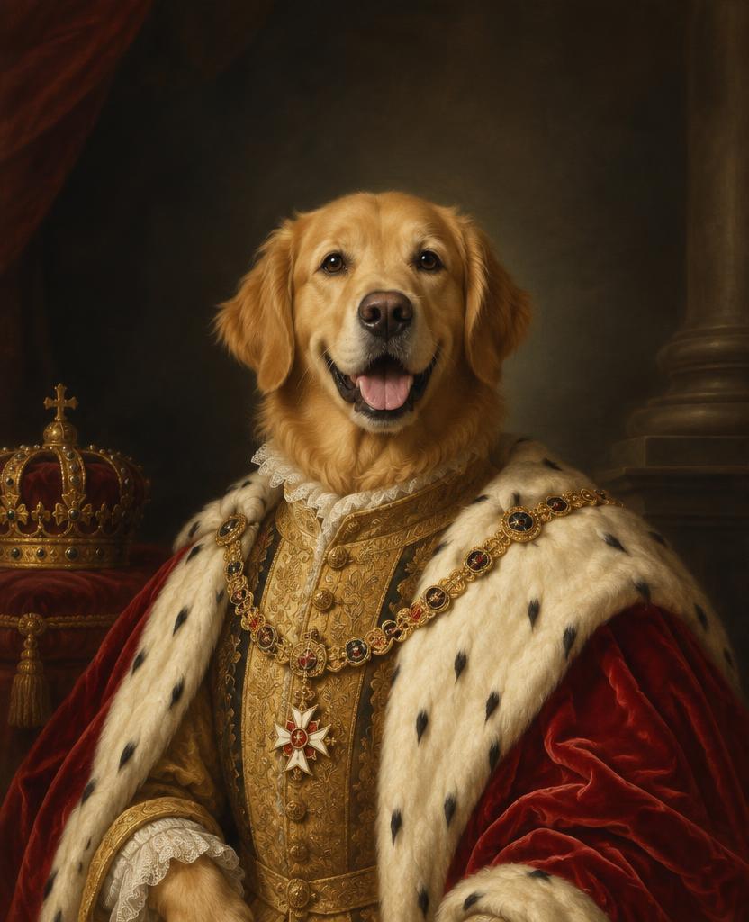 Golden Retriever als Habsburger Kaiser mit rotem Samtmantel, Hermelin und goldener Ordenskette, Krone auf Kissen daneben